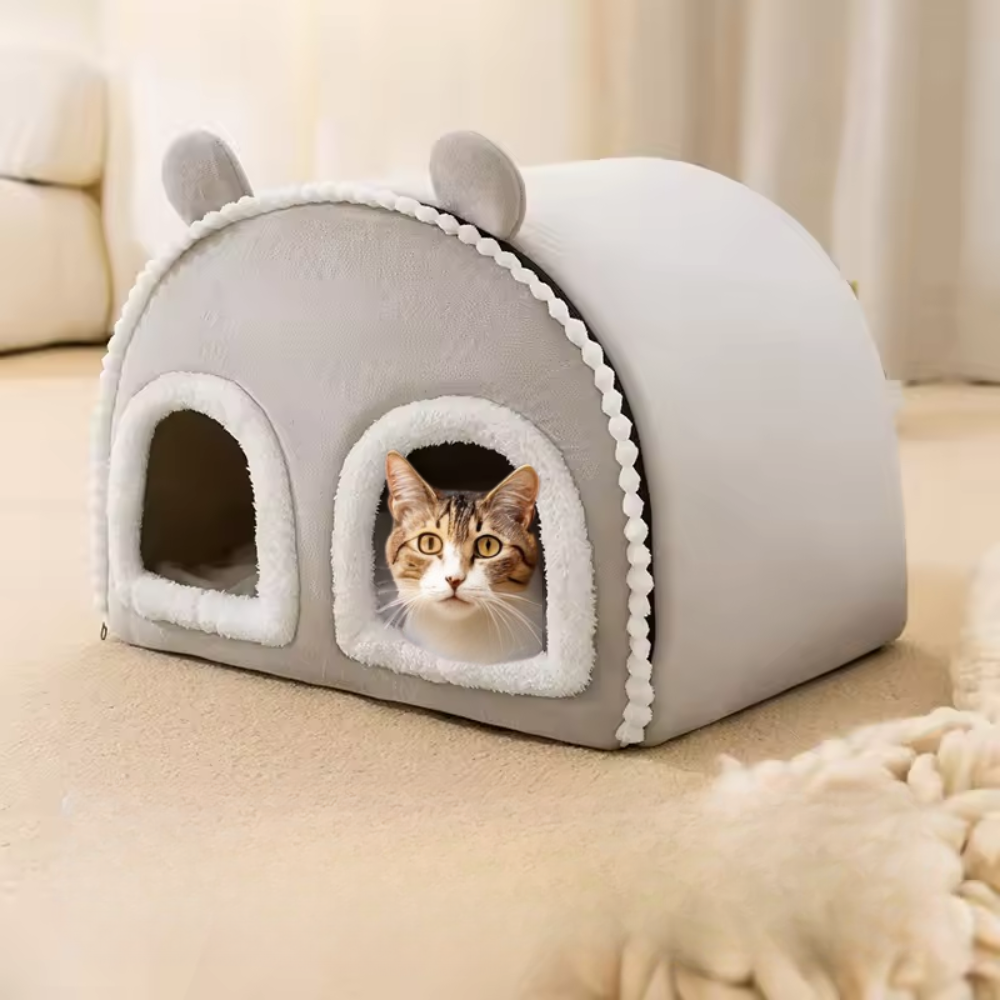 Cozy Burrow Cat Nest – Warm, Covered Pet Bed